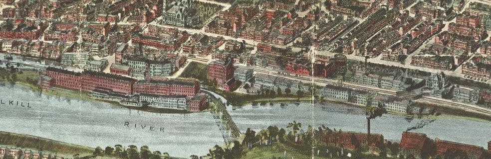 Detail of a 1907 colour bird’s-eye view: Manayunk’s brick mills along the canal and the Schuylkill River.